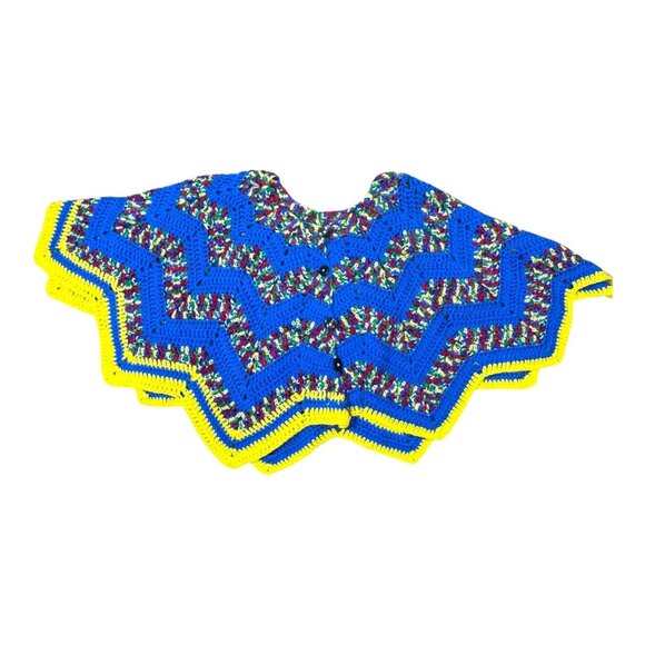 Handmade Crochet Knit Zigzag Poncho Button Closure Blue Yellow & Design Vintage - Picture 1 of 5